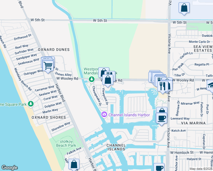 map of restaurants, bars, coffee shops, grocery stores, and more near 4330 Tradewinds Drive in Oxnard