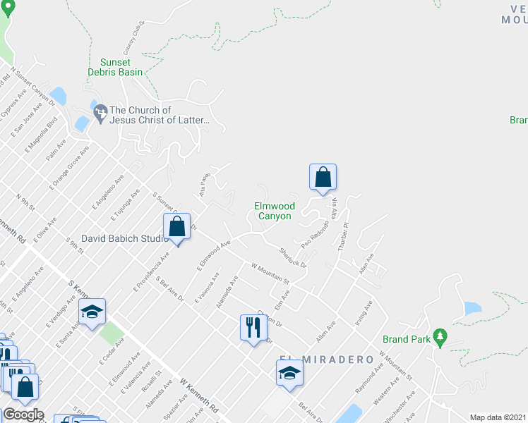 map of restaurants, bars, coffee shops, grocery stores, and more near 1205 East Elmwood Avenue in Burbank