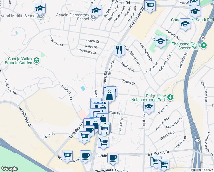 map of restaurants, bars, coffee shops, grocery stores, and more near 909 Sheffield Place in Thousand Oaks