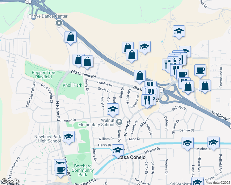 map of restaurants, bars, coffee shops, grocery stores, and more near Gloria Drive & Rudman Drive in Ventura County