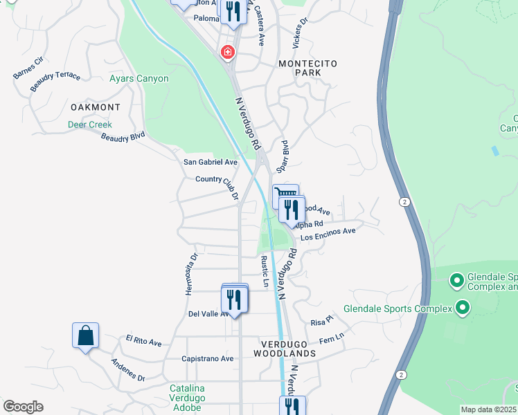 map of restaurants, bars, coffee shops, grocery stores, and more near 1734 Willow Drive in Glendale