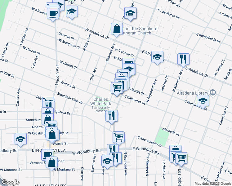 map of restaurants, bars, coffee shops, grocery stores, and more near 2572 La Fiesta Avenue in Altadena
