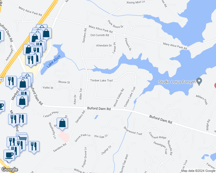 map of restaurants, bars, coffee shops, grocery stores, and more near 950 Timber Wood Court in Cumming