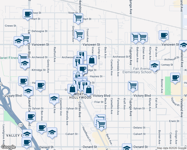 map of restaurants, bars, coffee shops, grocery stores, and more near 11641 Haynes Street in Los Angeles