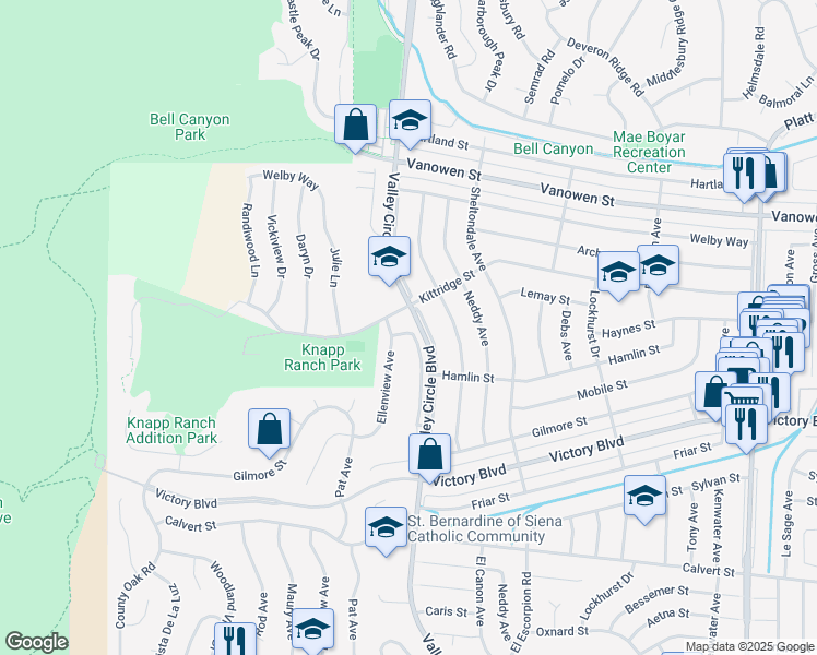 map of restaurants, bars, coffee shops, grocery stores, and more near 24403 Lemay Street in Los Angeles