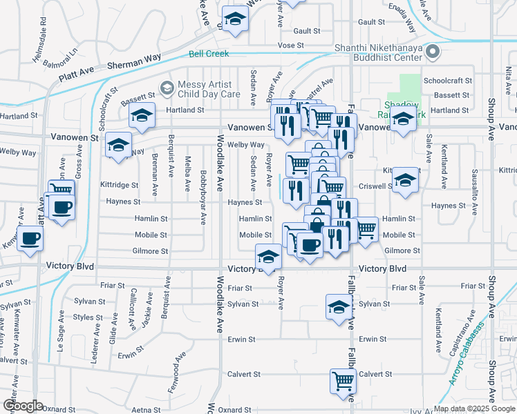 map of restaurants, bars, coffee shops, grocery stores, and more near 23020 Haynes Street in Los Angeles