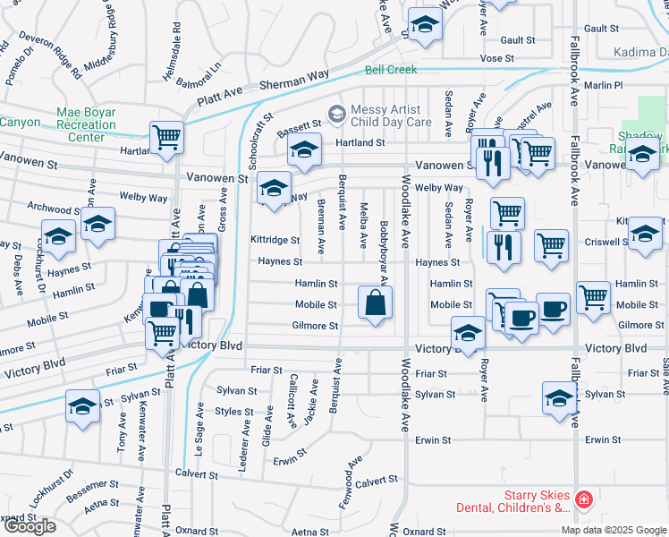 map of restaurants, bars, coffee shops, grocery stores, and more near 23308 Haynes Street in Los Angeles