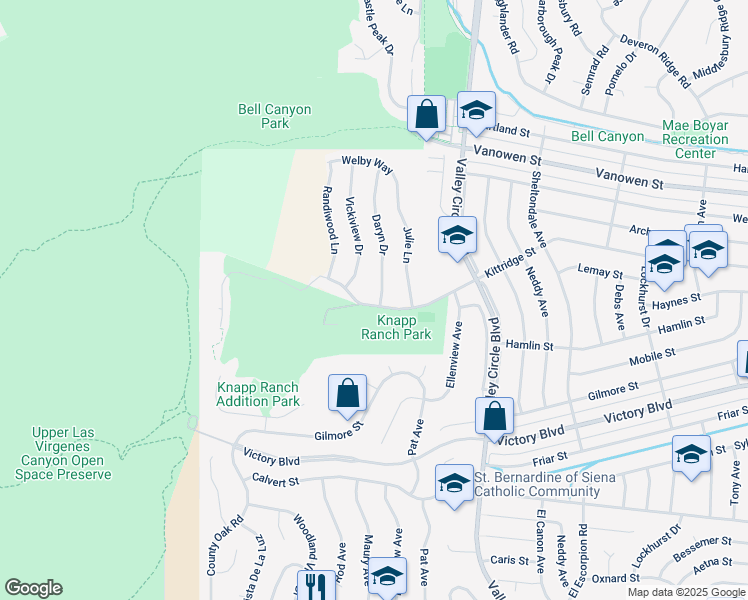 map of restaurants, bars, coffee shops, grocery stores, and more near 24545 Kittridge Street in Los Angeles County