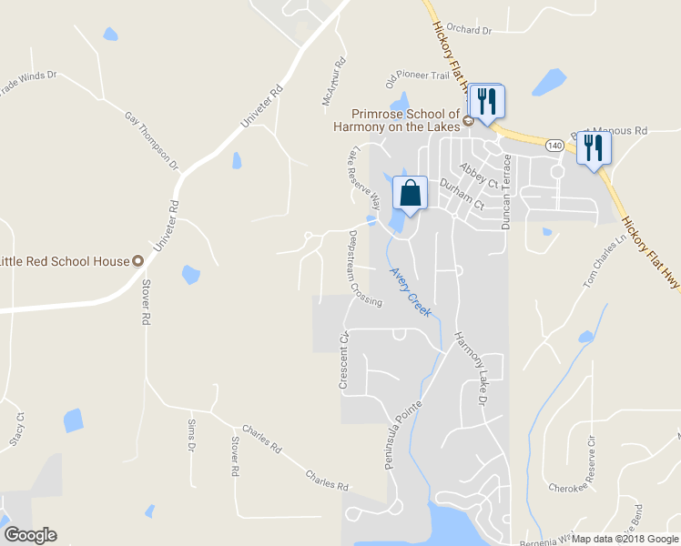 map of restaurants, bars, coffee shops, grocery stores, and more near 414 Deepstream Crossing in Canton