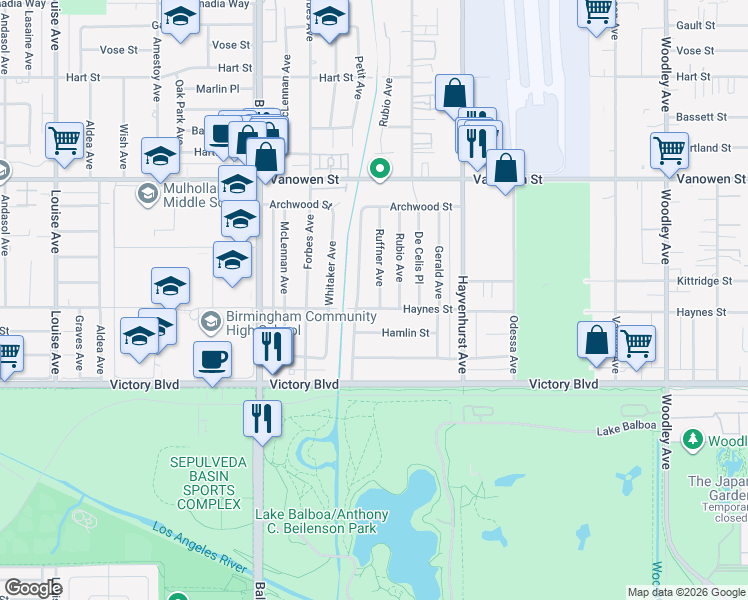 map of restaurants, bars, coffee shops, grocery stores, and more near 6531 Ruffner Avenue in Los Angeles