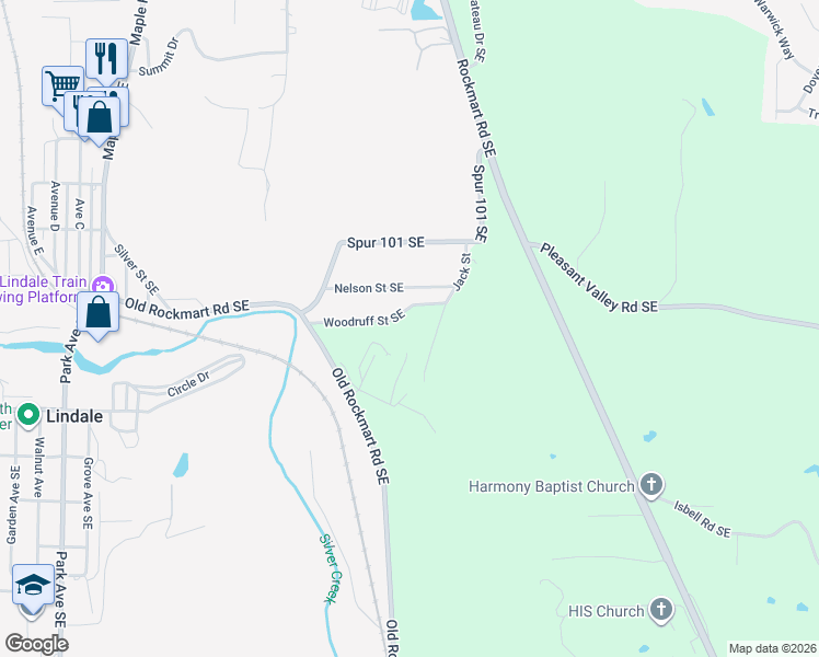 map of restaurants, bars, coffee shops, grocery stores, and more near 63 Woodruff Street Southeast in Silver Creek
