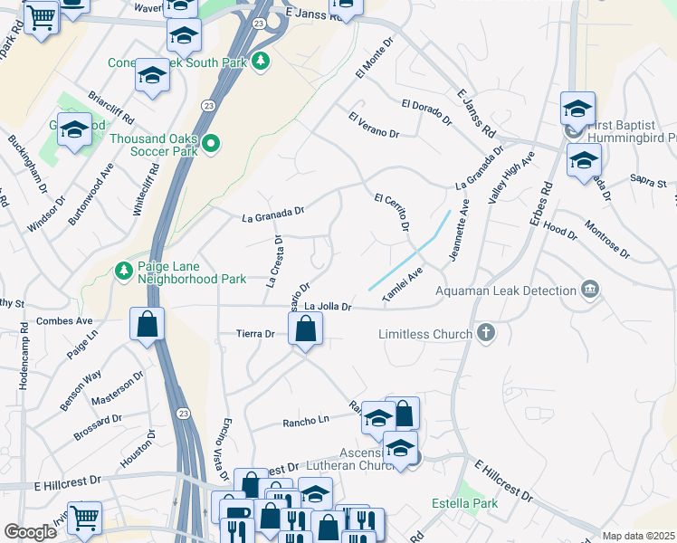 map of restaurants, bars, coffee shops, grocery stores, and more near 2751 Thousand Oaks Boulevard in Thousand Oaks