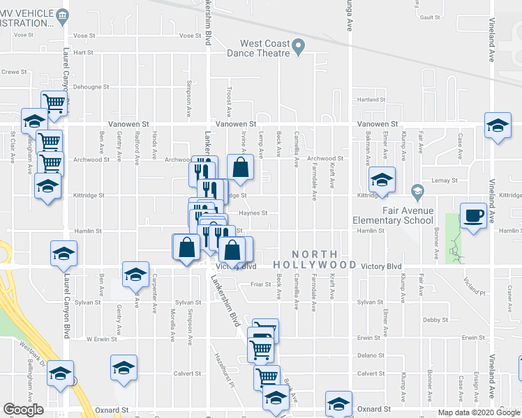map of restaurants, bars, coffee shops, grocery stores, and more near 11601 Haynes Street in Los Angeles