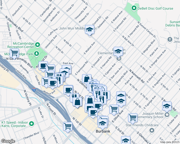 map of restaurants, bars, coffee shops, grocery stores, and more near 512 East Grinnell Drive in Burbank