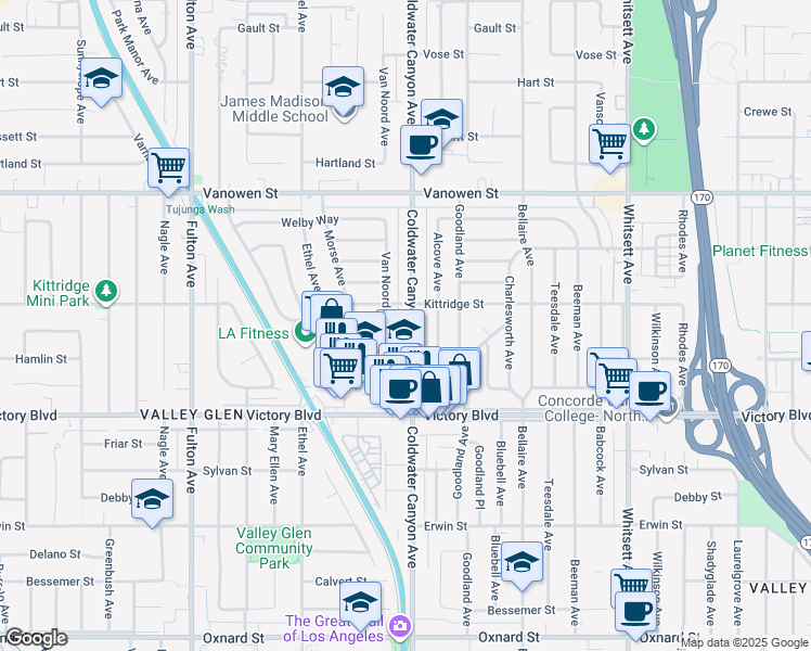 map of restaurants, bars, coffee shops, grocery stores, and more near 6539 Coldwater Canyon Avenue in Los Angeles