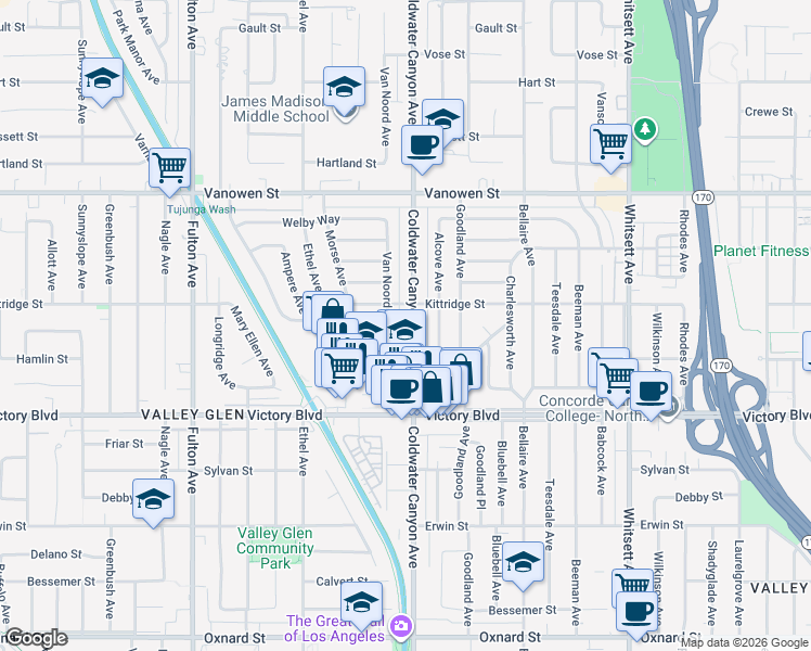 map of restaurants, bars, coffee shops, grocery stores, and more near 6532 Van Noord Avenue in Los Angeles