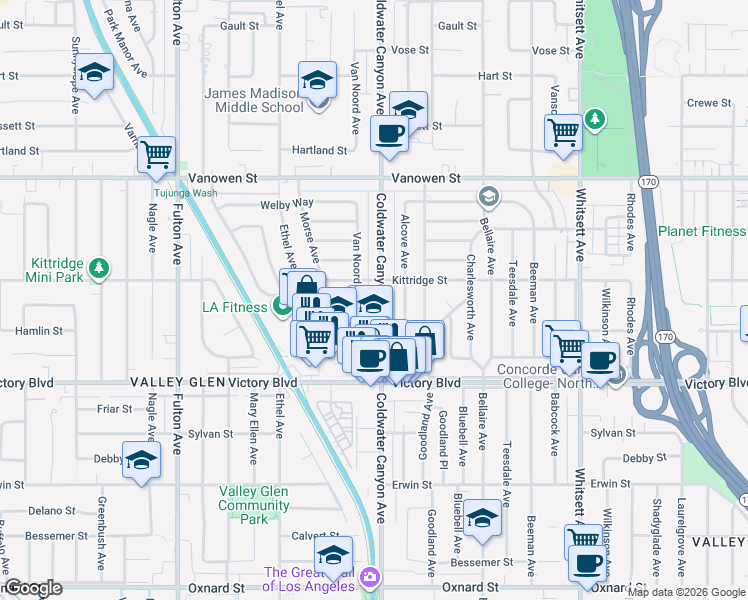 map of restaurants, bars, coffee shops, grocery stores, and more near 6539 Coldwater Canyon Avenue in Los Angeles