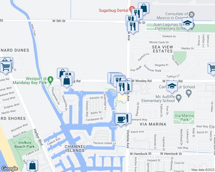map of restaurants, bars, coffee shops, grocery stores, and more near 4060 Tradewinds Drive in Oxnard
