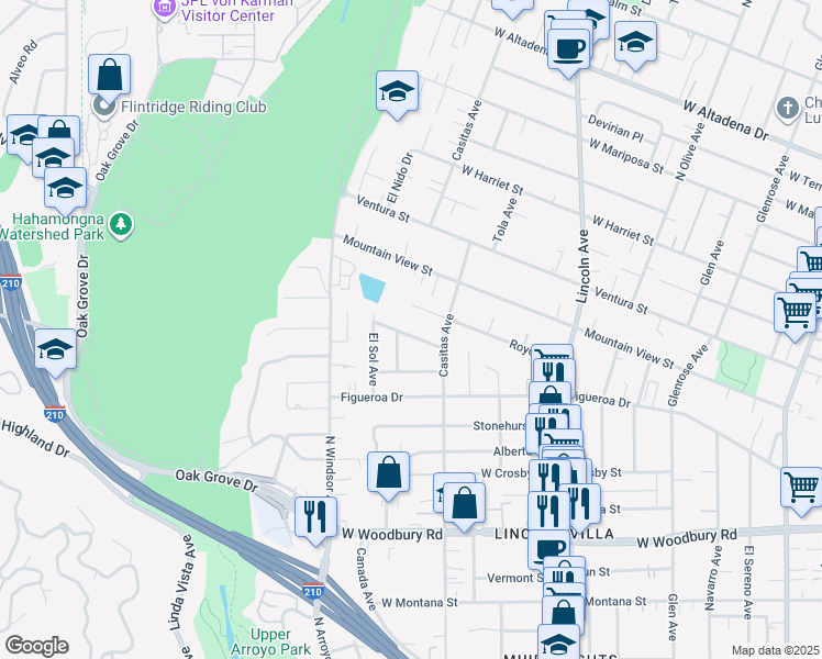 map of restaurants, bars, coffee shops, grocery stores, and more near 749 West Sacramento Street in Altadena