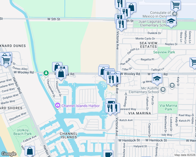 map of restaurants, bars, coffee shops, grocery stores, and more near 4060 Tradewinds Drive in Oxnard