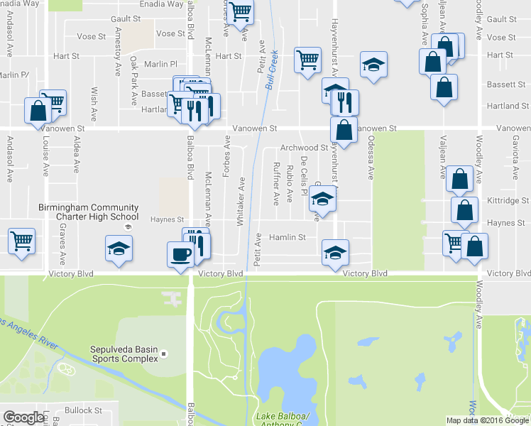 map of restaurants, bars, coffee shops, grocery stores, and more near 6534 Petit Avenue in Los Angeles
