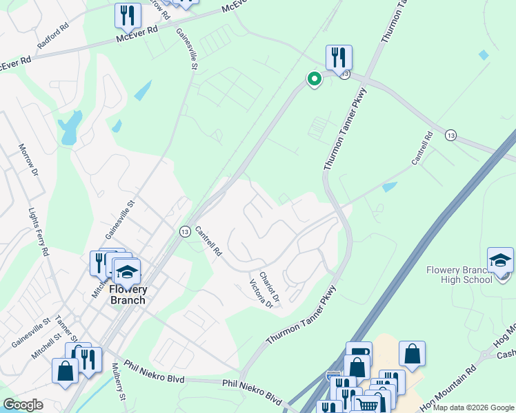map of restaurants, bars, coffee shops, grocery stores, and more near 4811 Zephyr Cove Place in Flowery Branch