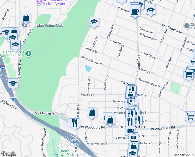 map of restaurants, bars, coffee shops, grocery stores, and more near 749 West Sacramento Street in Altadena