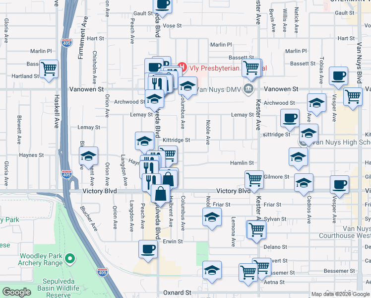 map of restaurants, bars, coffee shops, grocery stores, and more near 6540 Columbus Avenue in Los Angeles