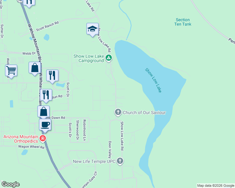 map of restaurants, bars, coffee shops, grocery stores, and more near 5416 Show Low Lake Road in Navajo County