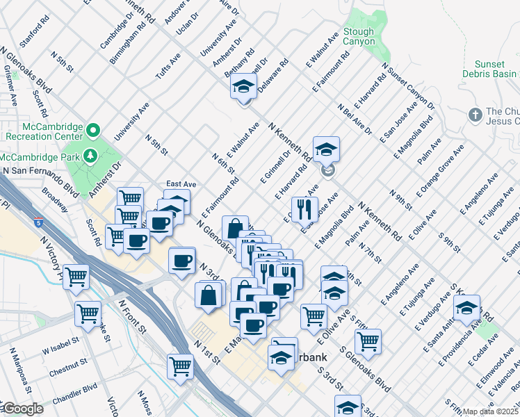 map of restaurants, bars, coffee shops, grocery stores, and more near 512 East Grinnell Drive in Burbank