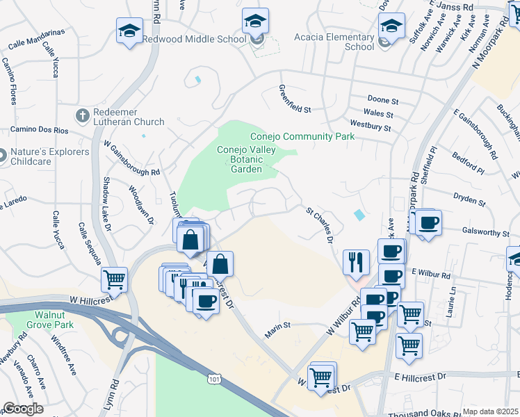 map of restaurants, bars, coffee shops, grocery stores, and more near 290 Sequoia Court in Thousand Oaks