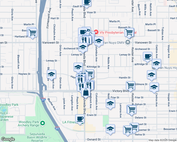 map of restaurants, bars, coffee shops, grocery stores, and more near 6530 Sepulveda Boulevard in Los Angeles