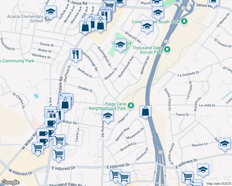 map of restaurants, bars, coffee shops, grocery stores, and more near 962 Whitecliff Road in Thousand Oaks