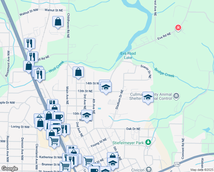 map of restaurants, bars, coffee shops, grocery stores, and more near 1311 Eva Road Northeast in Cullman