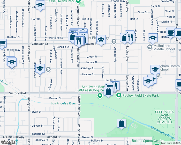 map of restaurants, bars, coffee shops, grocery stores, and more near 17601 Haynes Street in Los Angeles
