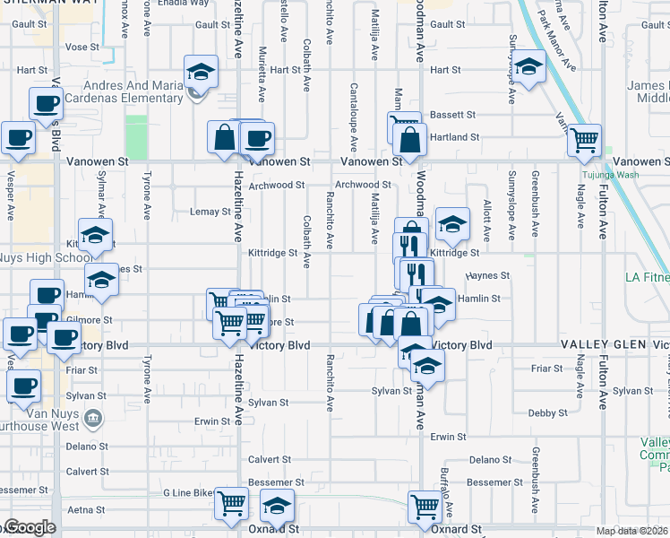 map of restaurants, bars, coffee shops, grocery stores, and more near 13859 Haynes Street in Los Angeles