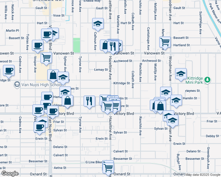 map of restaurants, bars, coffee shops, grocery stores, and more near 6525 Hazeltine Avenue in Los Angeles