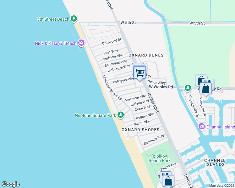 map of restaurants, bars, coffee shops, grocery stores, and more near 5270 West Wooley Road in Oxnard