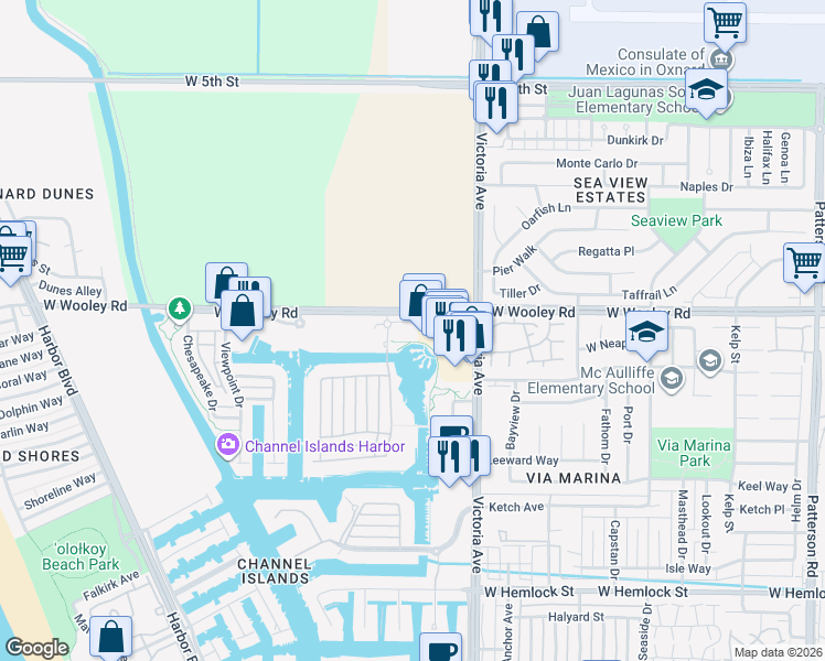 map of restaurants, bars, coffee shops, grocery stores, and more near 4048 Tradewinds Drive in Oxnard