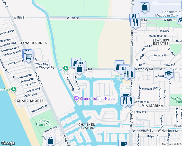 map of restaurants, bars, coffee shops, grocery stores, and more near 4282 Tradewinds Drive in Oxnard