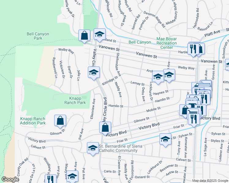 map of restaurants, bars, coffee shops, grocery stores, and more near 6552 Franrivers Avenue in Los Angeles