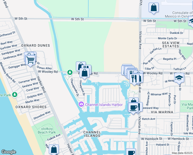 map of restaurants, bars, coffee shops, grocery stores, and more near 4282 Tradewinds Drive in Oxnard