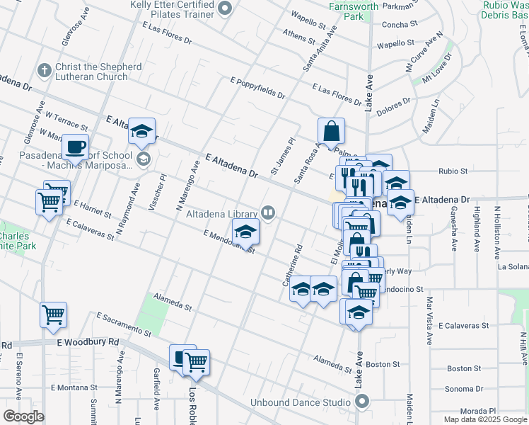 map of restaurants, bars, coffee shops, grocery stores, and more near East Mariposa Street in Altadena