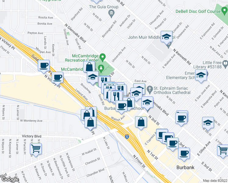 map of restaurants, bars, coffee shops, grocery stores, and more near 230 Bethany Road in Burbank