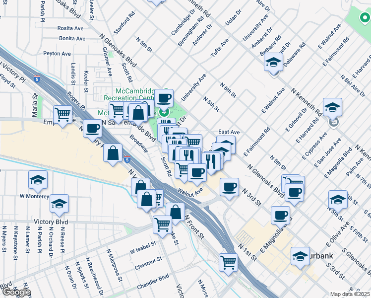 map of restaurants, bars, coffee shops, grocery stores, and more near 230 Bethany Road in Burbank