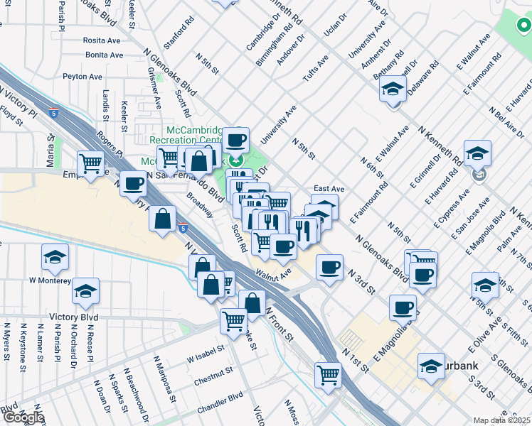 map of restaurants, bars, coffee shops, grocery stores, and more near 230 Bethany Road in Burbank