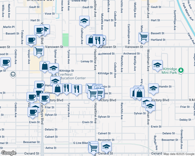 map of restaurants, bars, coffee shops, grocery stores, and more near 6532 Hazeltine Avenue in Los Angeles