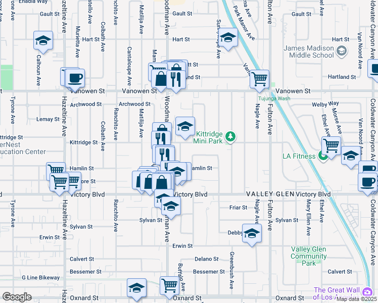 map of restaurants, bars, coffee shops, grocery stores, and more near 6535 Ventura Canyon Avenue in Los Angeles