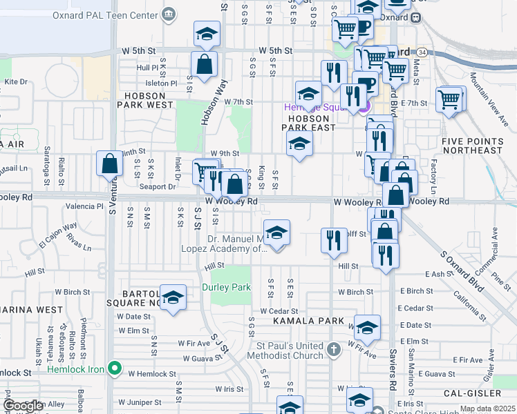 map of restaurants, bars, coffee shops, grocery stores, and more near 750 West Wooley Road in Oxnard