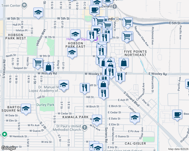 map of restaurants, bars, coffee shops, grocery stores, and more near 260 West Wooley Road in Oxnard